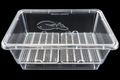 SIM XL clear egg hatching container with raised grids and adjustable rails against a black background.