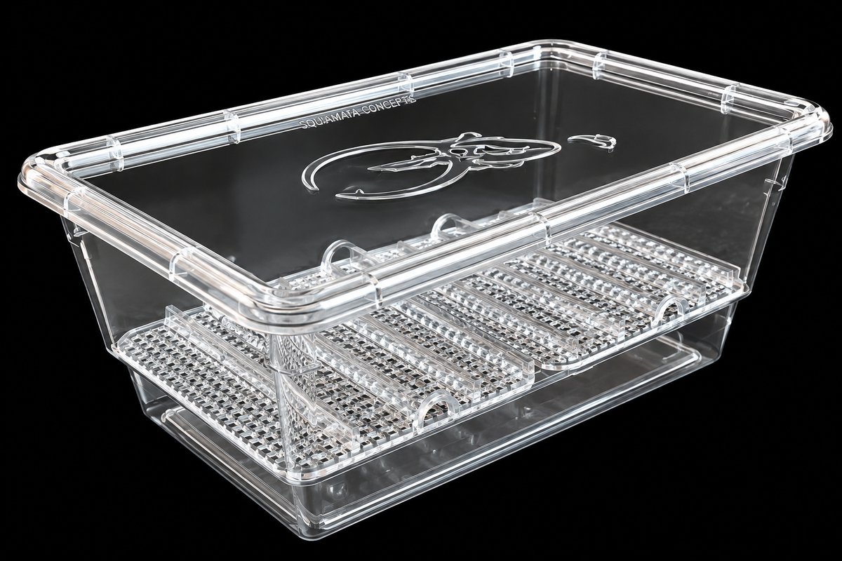 Three-quarter view of the clear SIM XL egg hatching container showing its lid, raised grids, and adjustable rails on a black background.