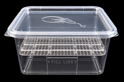 Side view of the clear small SIM egg hatching container showing its lid, raised incubation grid, and fill line against a black background.