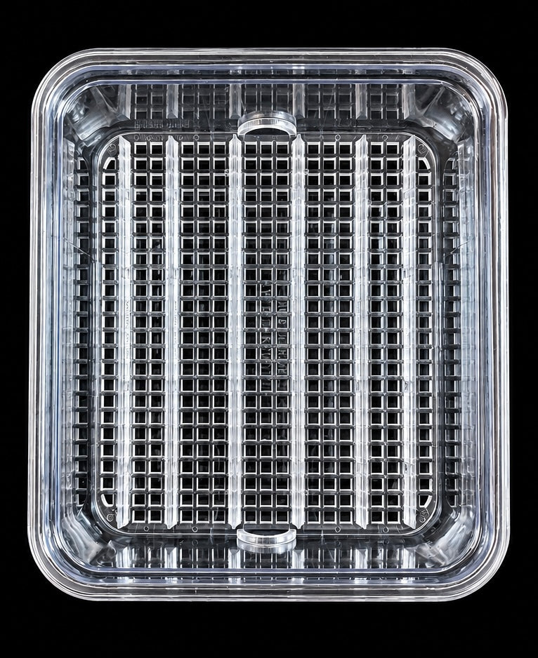 Top view of the small clear SIM egg hatching container showing its grid and adjustable rails against a black background.