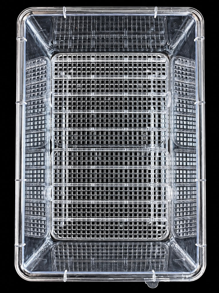 Top view of the clear SIM XL egg hatching container showing the incubation grid and adjustable rails against a black background.