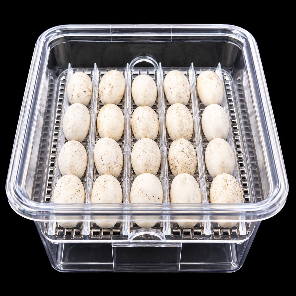 Clear small SIM egg hatching container holding eggs arranged in rows between adjustable rails.