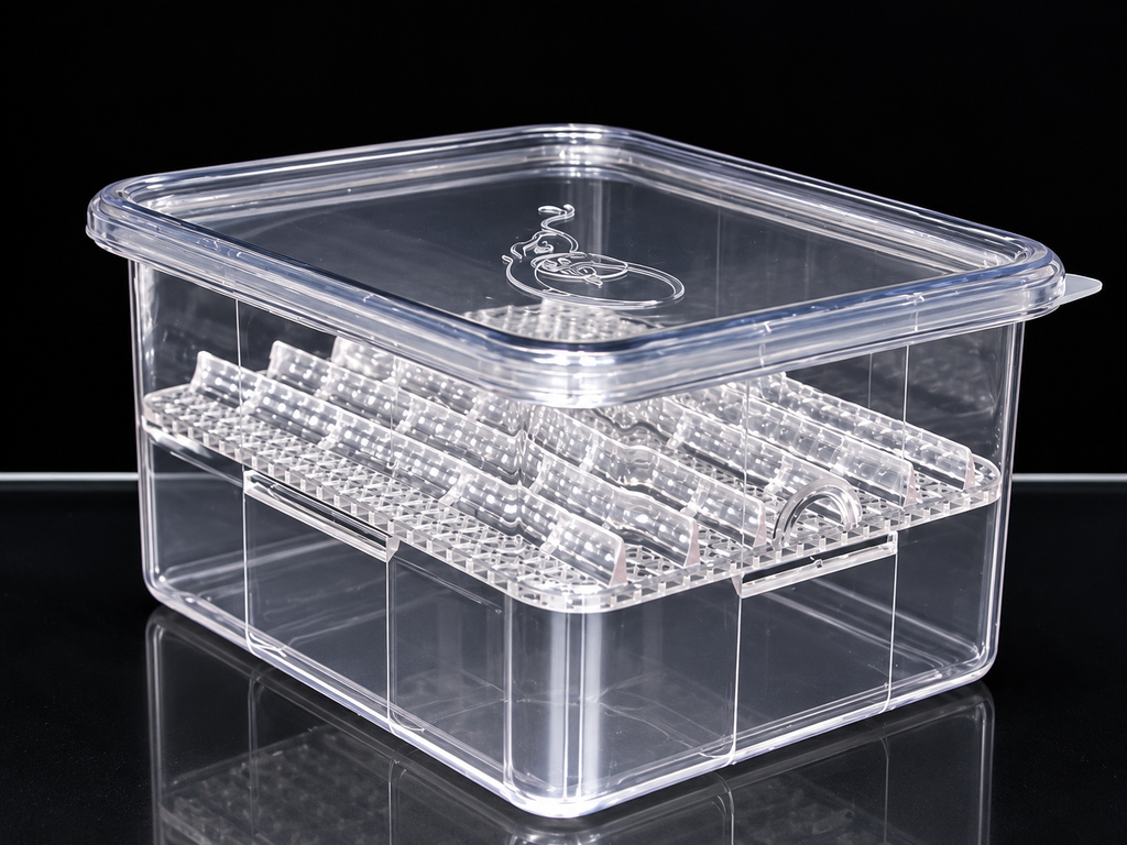 Clear SIM egg hatching container with lid and raised incubation grid on a black background.