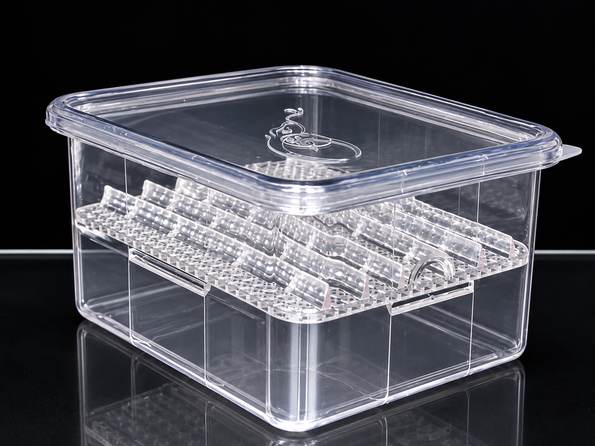 Clear SIM egg hatching container with lid and raised incubation grid on a black background.