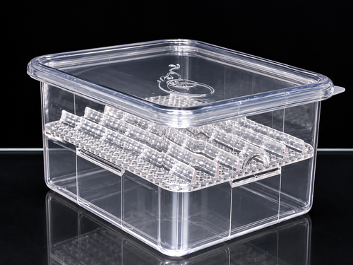 Clear SIM egg hatching container with lid and raised incubation grid on a black background.